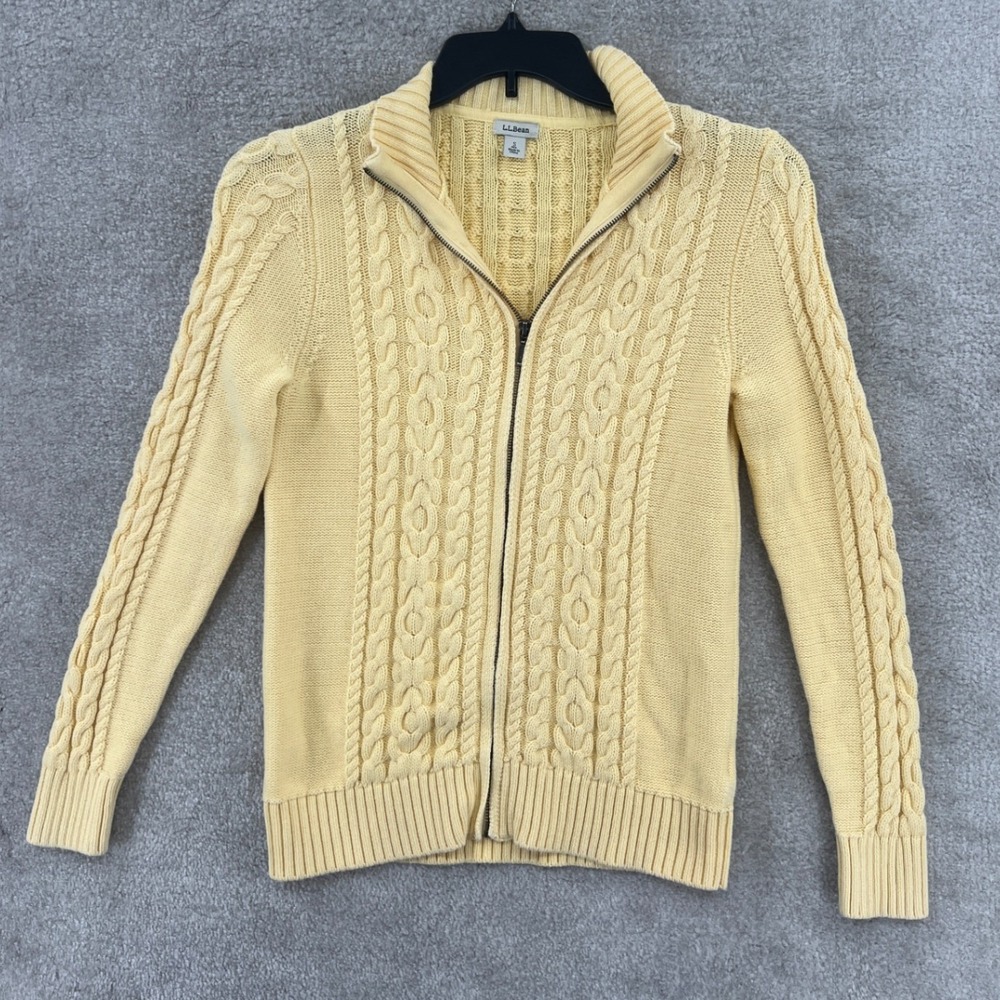 LL‎ Bean Coastal Cable Knit Cardigan Women S Yellow Full Zip Cotton Cottagecore